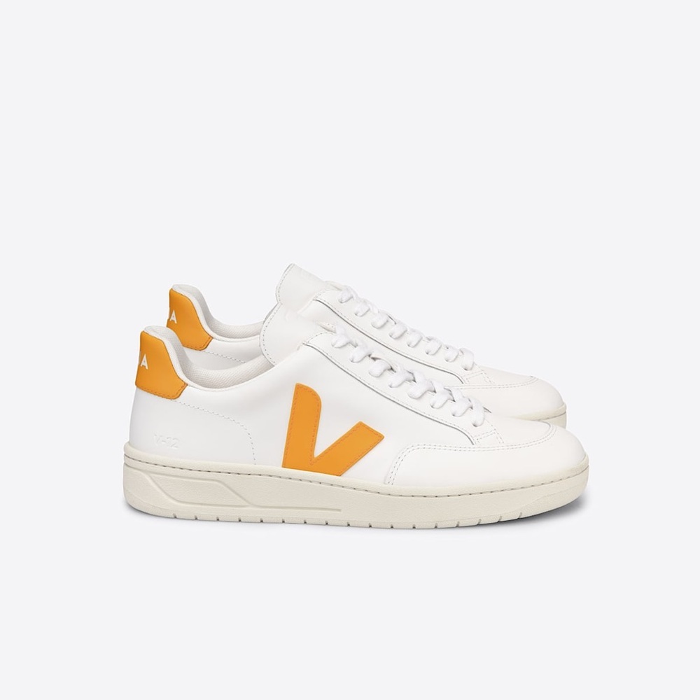 Veja V-12 White Leather Sneakers with Yellow V Accents Size 4 | EU 35